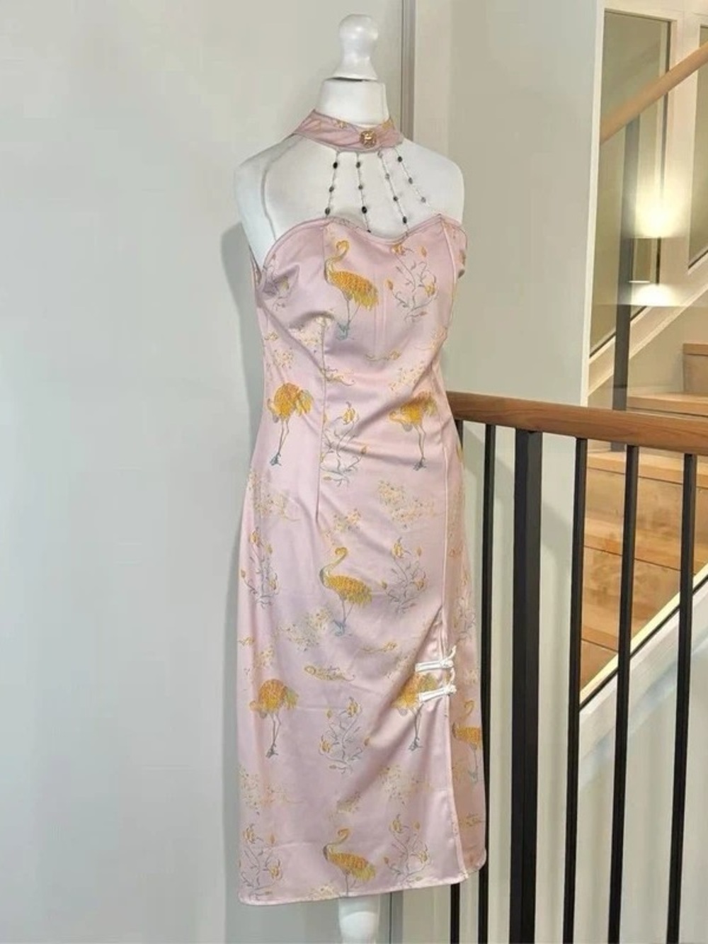 Pink Satin Flamingo-Print Maxi Dress with Halter Neck